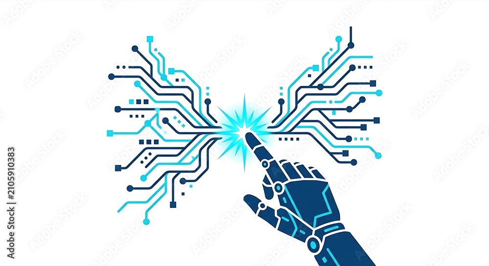 Fototapeta premium Minimalist generative AI prompt icon with cybernetic hand touching a glowing spark splitting into digital circuit streams, technology interface concept, flat vector illustration, deep blue an