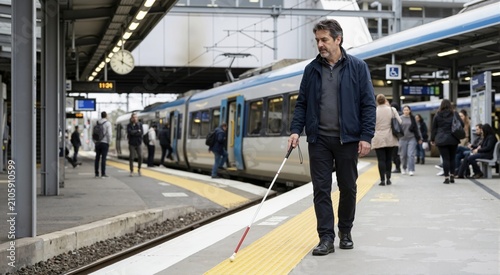 Blind man walking with white cane on train station platform. Accessibility and mobility in public transport. White Cane Safety Day concept