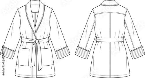Foto Technical flat sketch of a plush bathrobe with shawl collar and belted waist det