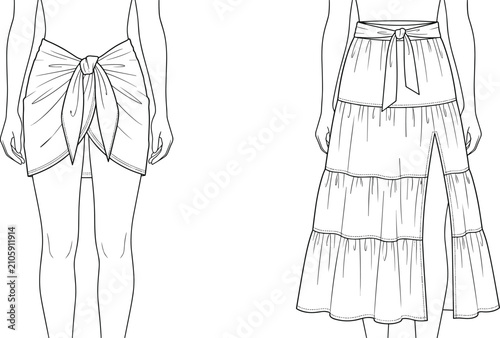 Foto Technical flat sketch of a women's sarong skirt and a tiered maxi skirt with tie