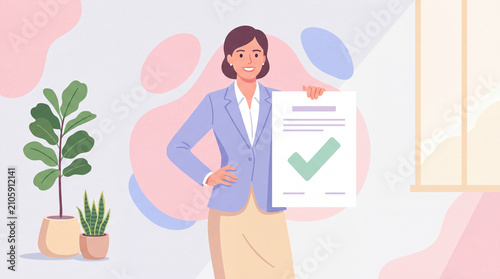 Businesswoman holding approved document contract or certificate with check mark. Flat vector illustration of successful deal, contract signature, business approval, and guarantee