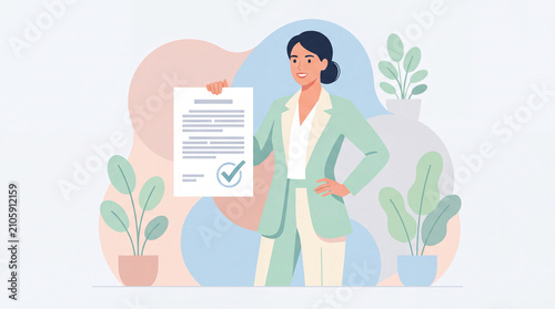 Businesswoman holding approved document contract or certificate with check mark. Flat vector illustration of successful deal, contract signature, business approval, and guarantee