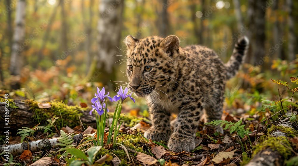 Obraz premium Adorable leopard cub exploring a forest floor with flowers.