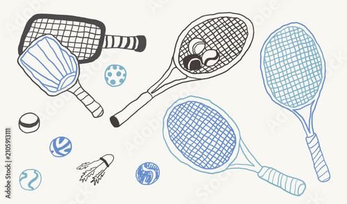 tennis and badminton set in hand drawn style in vector. Element for design advertisement mail 