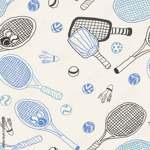 Seamless pattern with tennis and badminton rackets and balls in hand drawn style.Element for decoration design mail posts postcards poster print invitation background backdrop wrapping wallpaper 