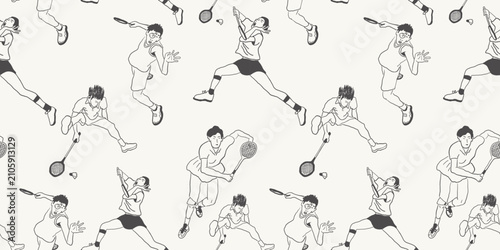 Seamless pattern with people playing badminton in hand drawn style.Element for decoration design mail posts postcards poster print invitation background backdrop wrapping wallpaper banner textile