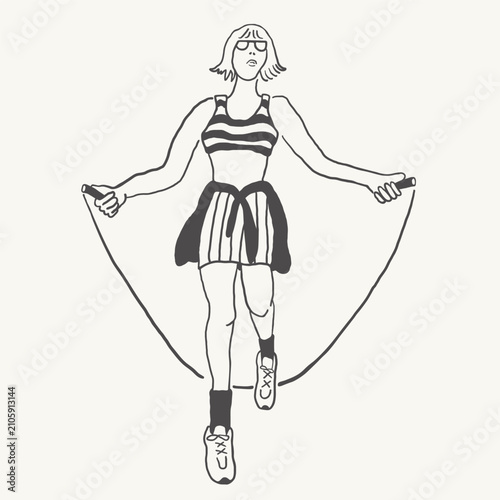 girl jumping with jump rope in hand drawn style in vector. Element for design advertisement mail posts poster print postcard banner decor backgrounds