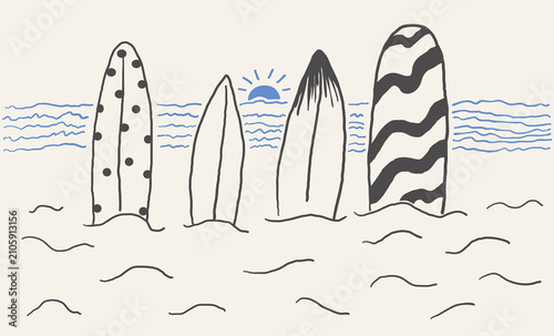 surfboards in sand on sunset in hand drawn style in vector. Element for design advertisement mail posts poster print postcard banner decor backgrounds