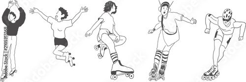 people on roller skates set in hand drawn style in vector. Element for design advertisement mail posts poster print postcard banner decor backgrounds