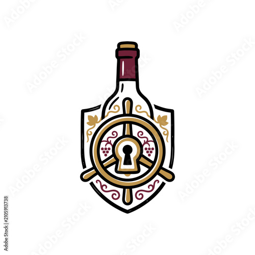 Foto Wine bottle shield emblem with ship wheel motif.