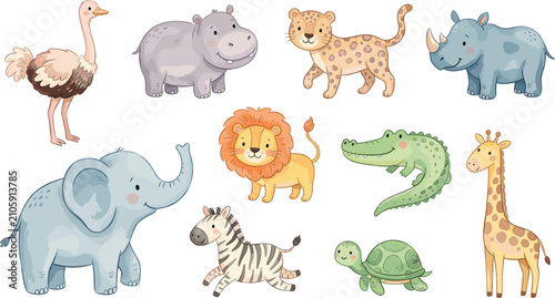 Photography Cute African safari animals cartoon character set isolated on a white background