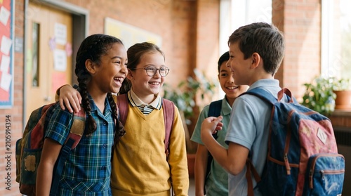 Happy diverse schoolchildren with backpacks chatting in a bright school hallway, celebrating friendship and education