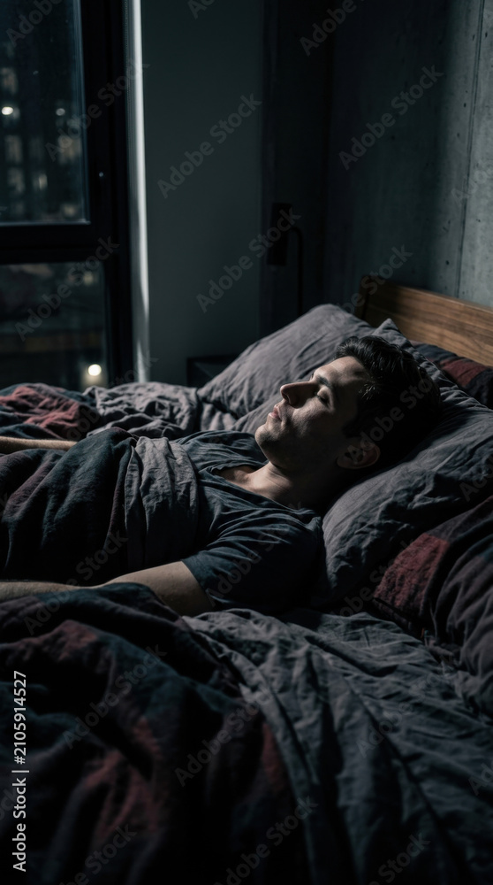 Fototapeta premium Solitary Man Reflects Lying Down In Dark Bedroom Environment
