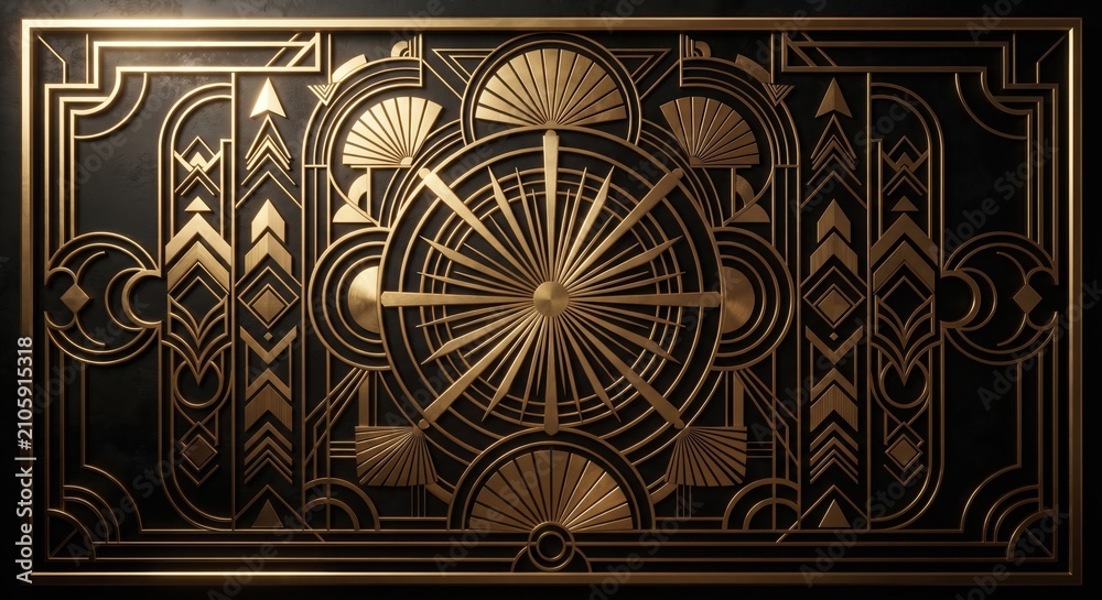 Obraz premium Luxurious 3D Art Deco wall panel with golden sunburst and geometric arches on a deep purple background