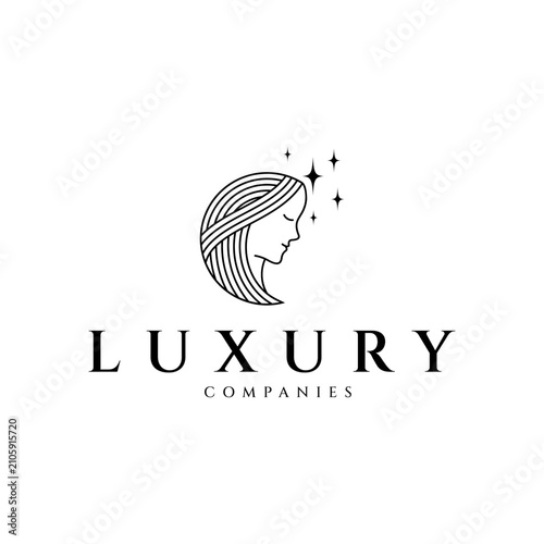 Woman face logo design with a combination of crescent moon and decorated with stars