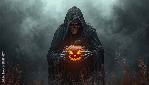 Eerie halloween grim reaper holding glowing jack o' lantern in a spooky misty landscape