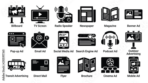 Set of diverse marketing communication and media channel icons representing various traditional and digital advertising methods for promotional campaigns