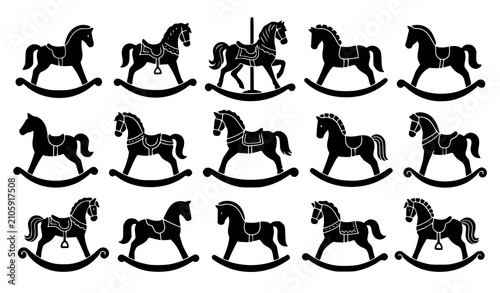 Canvas Print Silhouette of rocking horse set isolated on white background for vintage nursery