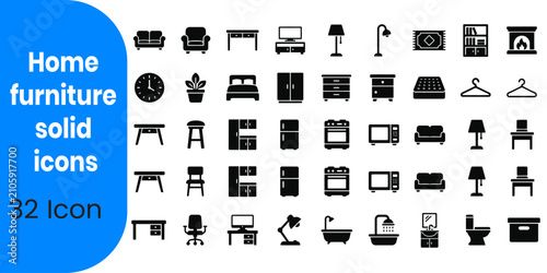 Home furniture icons set 32 black solid style vector graphics