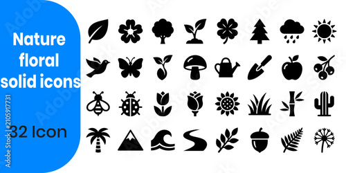 Nature floral icons set 32 black solid glyph designs for projects