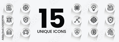 Fifteen modern line icons representing artificial intelligence data and technology concepts
