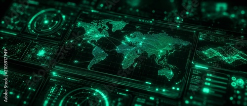 Futuristic green holographic world map dashboard displaying global network connections, real-time data visualizations, analytics overlays, and cyber intelligence metrics