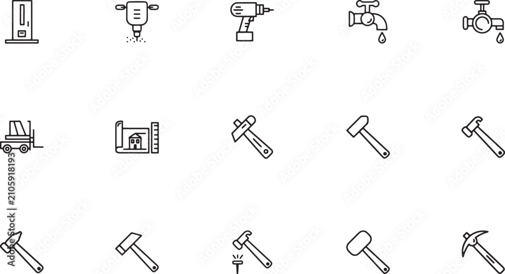 Obraz premium Construction and DIY tool outline icon set featuring electric drills jackhammers claw hammers rubber mallets dripping water faucets and architectural blueprints vector