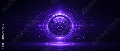Glowing purple vault door with circular biometric lock and holographic rings set within digital circuitry, symbolizing high-security data protection and advanced cyber encryption