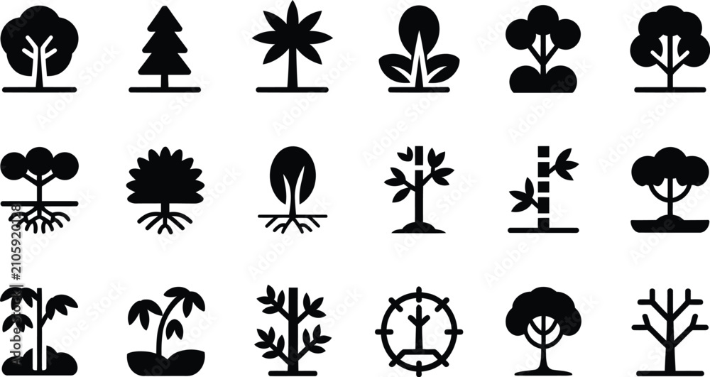Fototapeta premium Tree line drawing set, minimal forest and wetland outline vector collection featuring side view trees, shrubs and natural landscape elements, vector designs
