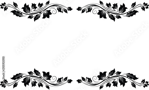 Elegant Floral Swirls Border Frame Black and White Outline Vector Illustration