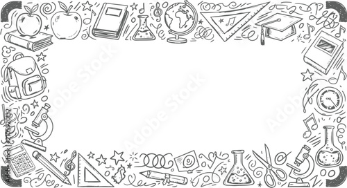 Back to School Doodles Rectangular Frame Border Black and White Outline Vector Illustration