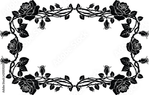 Elegant Rose Vines Rectangular Frame Black and White Outline Vector Illustration