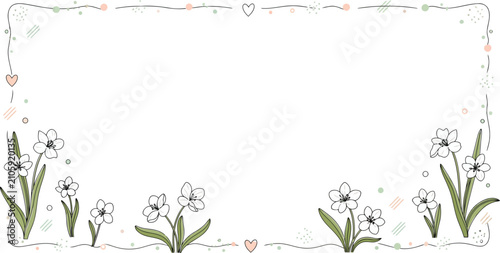 Cute Hand Drawn Spring Flowers Border Rectangular Frame with Hearts Vector Illustration