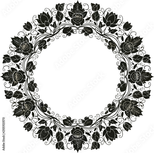 Elegant Floral Circle Wreath Frame Silhouette Black and White Outline Vector Illustration