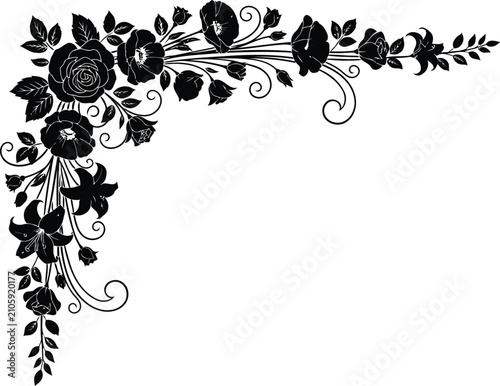 Elegant Floral Corner Border Silhouette Black and White Outline Vector Illustration