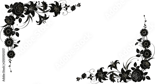 Elegant Floral Corner Border Silhouette Black and White Outline Vector Illustration