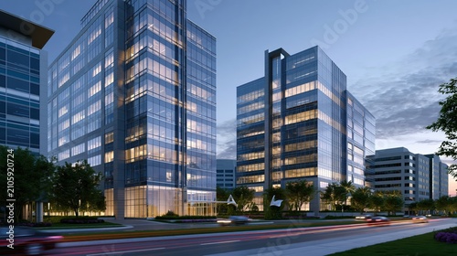 New office buildings at dusk in a modern business district showcasing architectural design and urban development