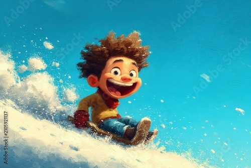 Cheerful Child Sledding Down Snowy Slope Digital Illustration