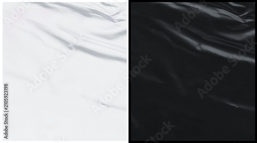 Crumpled plastic texture background, set of white and black wrinkled polyethylene sheets, glossy synthetic film surface for overlay and design