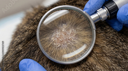 Veterinarian examining a domestic tabby cat with a magnifying glass, inspecting a flaky skin lesion for dermatological diagnosis in a veterinary clinic