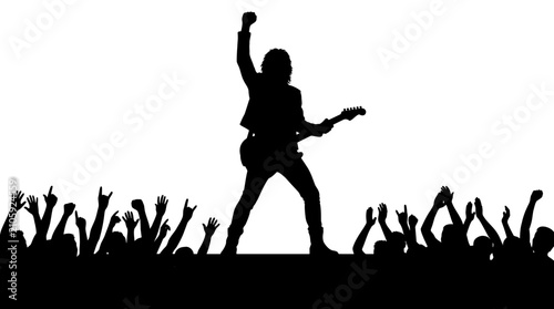 Silhouette of a rock guitarist performing on stage with an excited crowd cheering and raising hands transparent background
