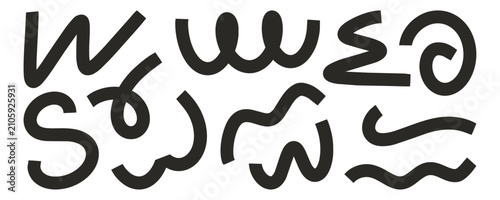 Hand drawn abstract brush shapes and scribble elements set with crayon, ink or marker strokes. Wavy, bold and organic forms with grunge texture. Perfect for backgrounds, posters and modern design.