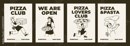 Pizza poster set with hand drawn pasta and people in doodle style. Includes drinks, pastries and decorative icons. Perfect for cafe wall art, menus, restaurant decor and branding.