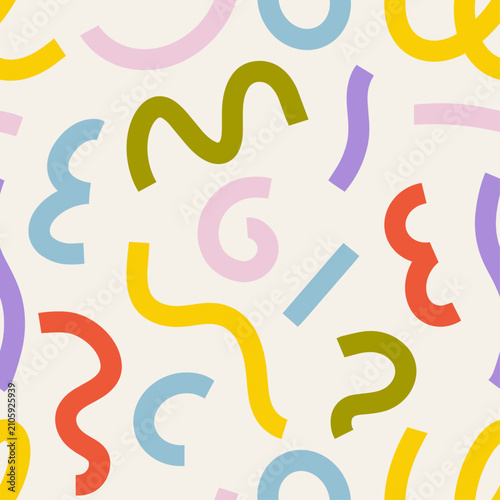 Hand drawn vibrant brush shapes and scribble seamless pattern with crayon, ink or marker strokes. Wavy, bold and organic forms with grunge texture. Perfect for backgrounds, posters and modern design.