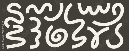 Hand drawn abstract brush shapes and scribble elements set with crayon, ink or marker strokes. Wavy, bold and organic forms with grunge texture. Perfect for backgrounds, posters and modern design.