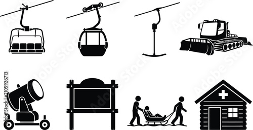 Obraz na płótnie Winter ski resort silhouette vector bundle featuring chairlift, gondola, snow gr