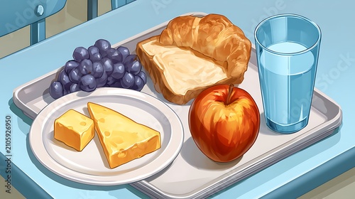 Fresh fruits and whole grain bread on a blue table with milk