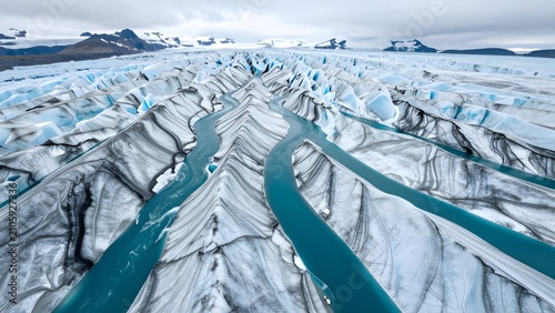 131. [STYLE] of glacial meltwater turquoise pools showing braided streams of impossible blue across silver ice with crystalline surface and flowing-water textures, polar overcast luminosity, glacier t