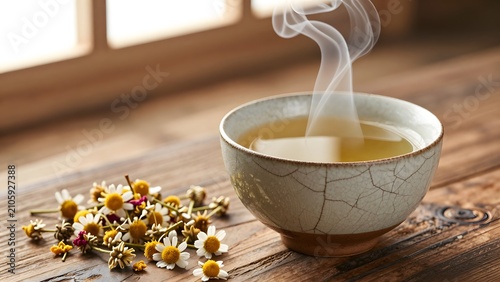143. [STYLE] of a steaming herbal tea ritual showing curling vapor rising from a handmade ceramic cup beside dried botanicals with glaze crackle and petal textures, gentle side window light, chamomile