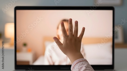 180. [STYLE] of a child waving to a parent on a video call showing small hands reaching toward a warm glowing screen with pajama cotton and screen-light textures, tender evening lamp ambience, peach a
